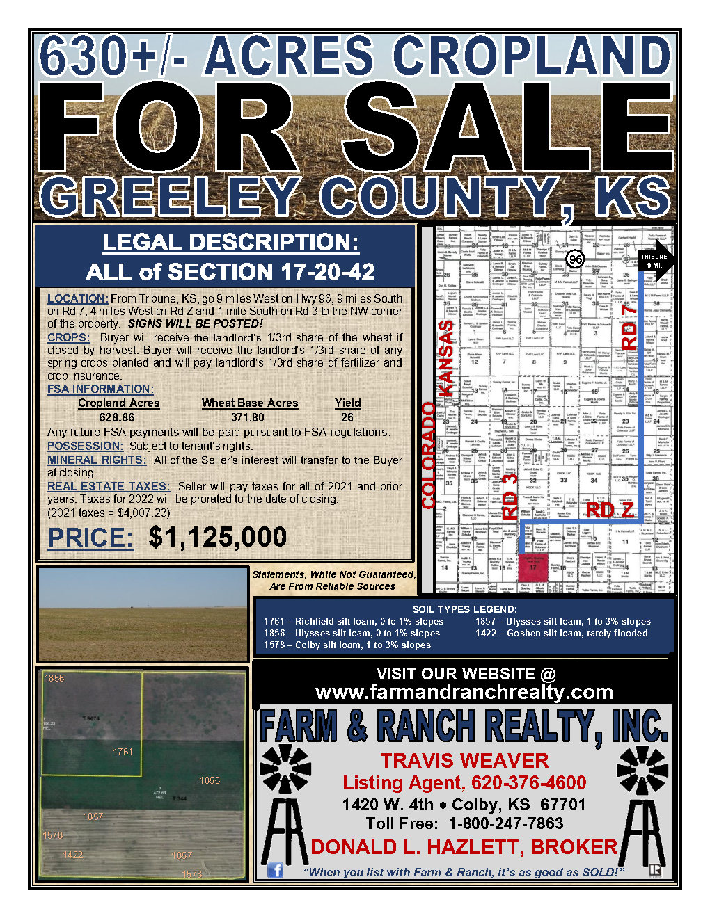 JUST LISTED! 630 +/ ACRES CROPLAND GREELEY CO., KS